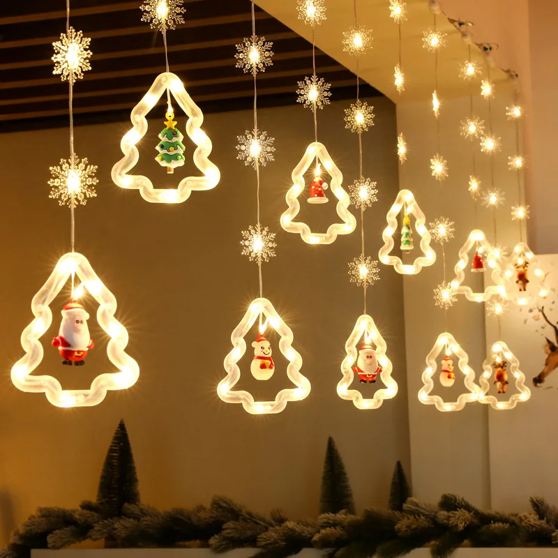 

Christmas Lights String Cartoon Santa Claus Snowman Elk Xmas Tree Curtain Lights Snowflakes Pendants Merry Christmas Home Decor