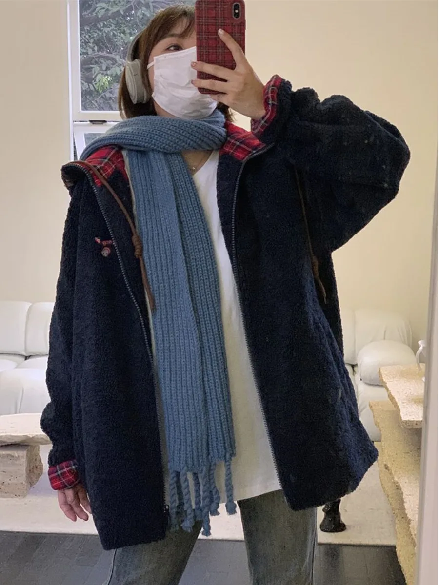 Рождественская красная клетчатая куртка из ягненка на молнии с капюшоном