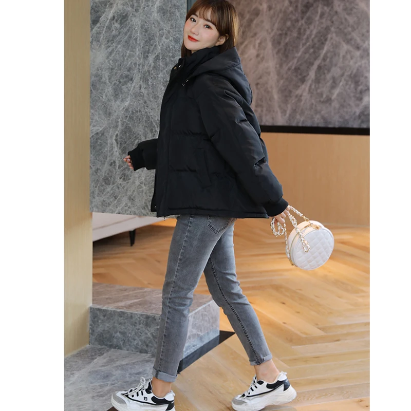 Winter Women's Hooded Zipper Loose Down Coat Korean Fashion Solid Color Long Sleeve Warm Thick Cotton Coat New 2023 Black