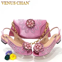 venus chan 2022 italian design pink rhinestone flower low heel party ladies summer sandals matching shoes and bag set