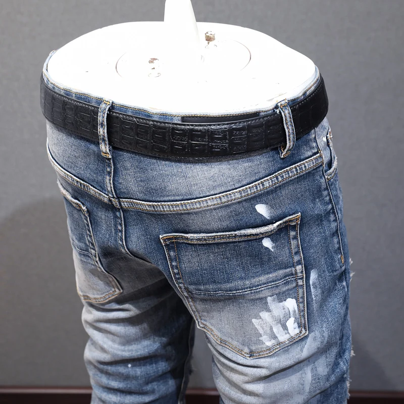 Street Fashion Men Jeans Retro Blue Stretch Painted Skinny Ripped Jeans Men Beading Patched Designer Hip Hop Brand Pants Hombre