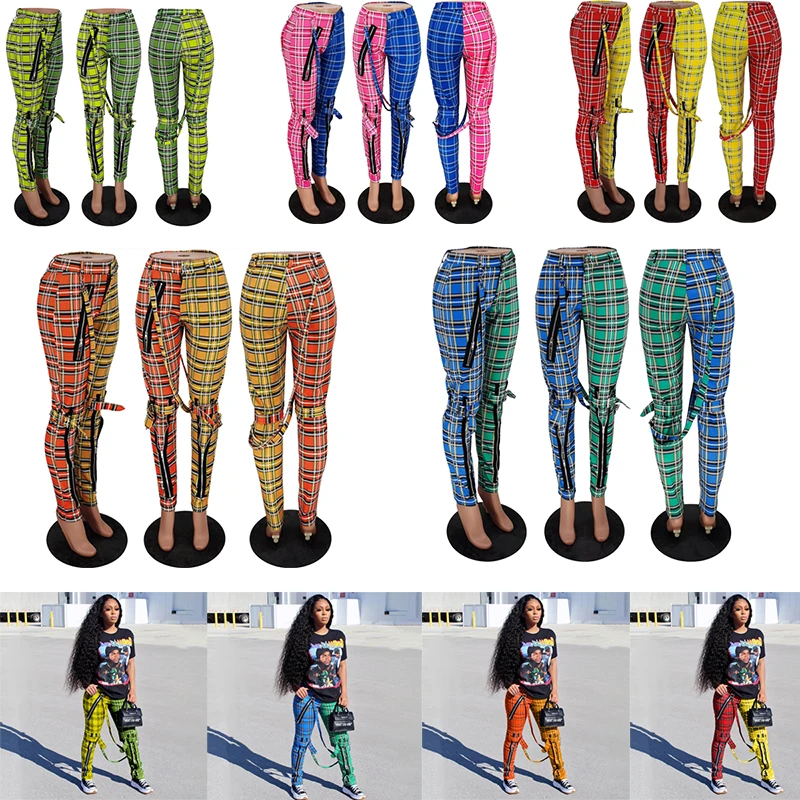 2023 Casual Plaid Pants Women Girl Zip Sweatpants Fall Winter Clothing Streetwear High Waist Sporty Trousers Patchwork Joggers