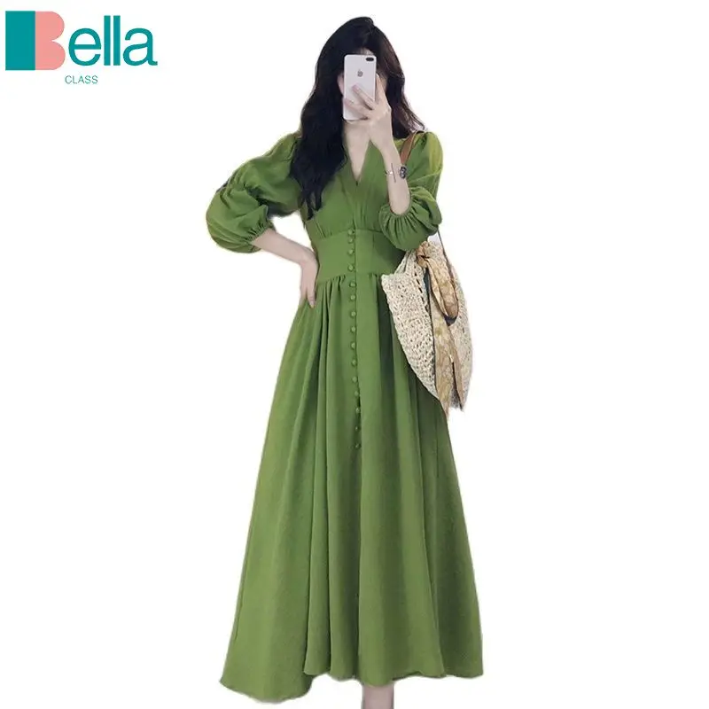 

Женское платье во французском дворцовом стиле, весеннее зеленое платье с V-образным вырезом и рукавами-фонариками и длинной юбкой, 2023