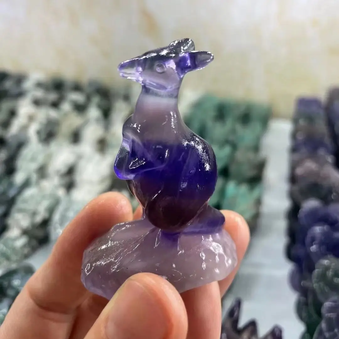 

Natural Crystal Fluorite kangaroo Gemstone Carving Healing Animals Figurines Reiki Stones Decoration Home Decor Stone Ornaments