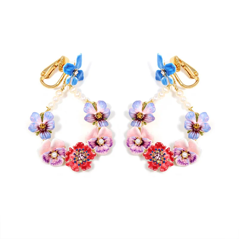 Богемия милый сладкий цветок круглые висячие серьги натуральный жемчуг эмаль