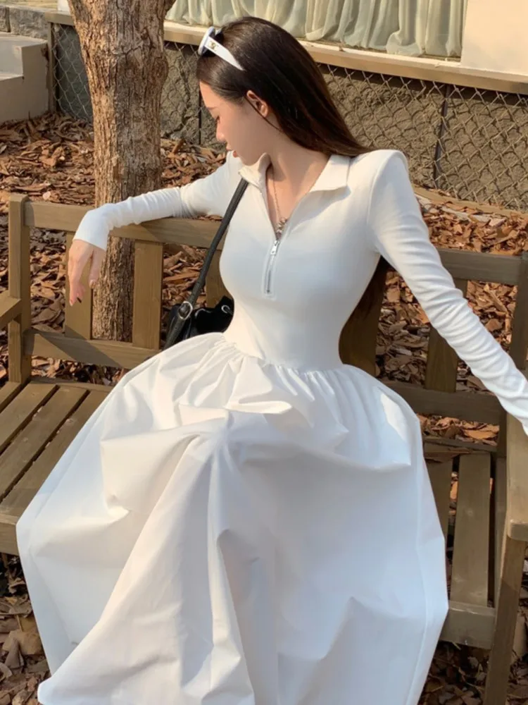 

Autumn New Women Elegant Midi A Line Boho White Black Shirt Dress Female Vestdios Casual Lady One Piece Fashion Robe Clothes