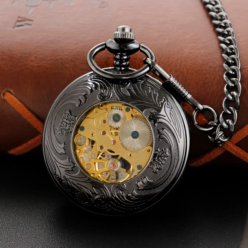 Black Digital Display Hollow Mechanical Pocket Watch Retro with Chain Steampunk Clock Men and Women Jewelry Necklace Gift