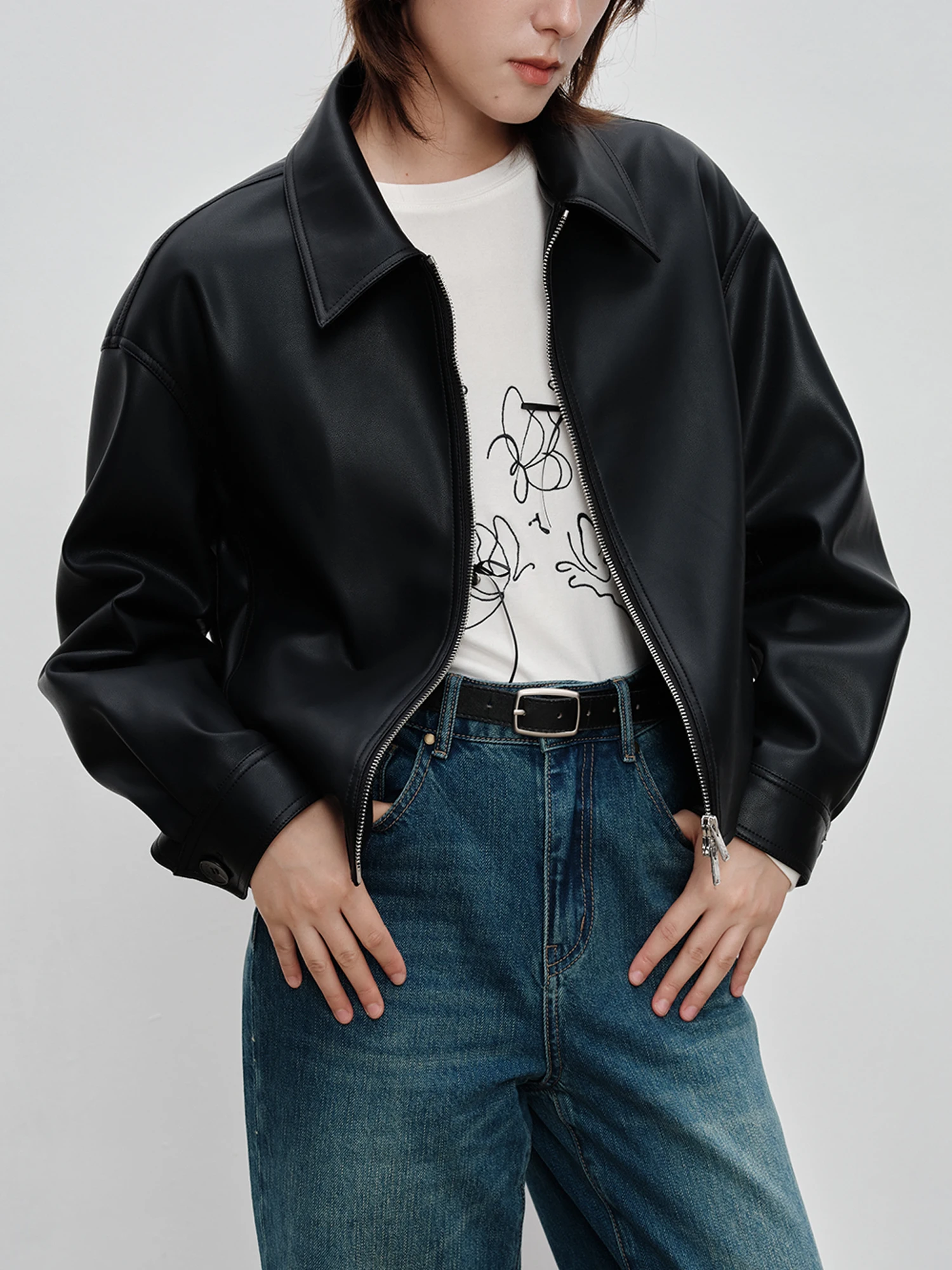 ZIQIAO однотонная кожаная куртка с отворотом для женщин осень 2024 новый дизайн