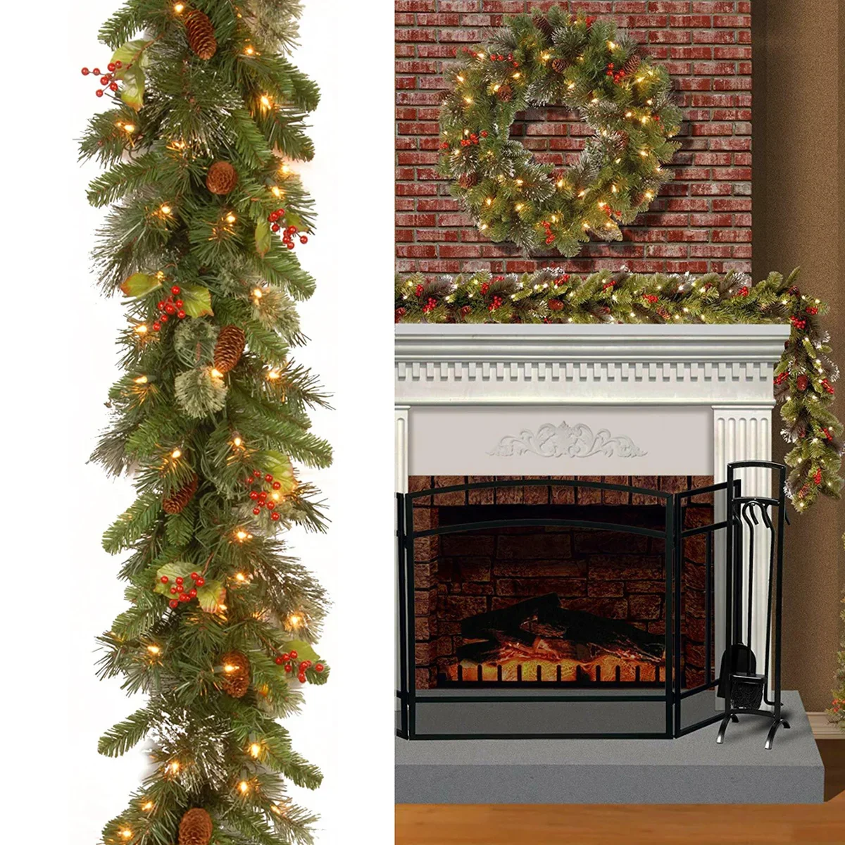 

6FT/9FT Christmas Berry Garland with LED Lighting Red Berries PVC Fairy Pine Fireplace Staircase Door Decorative Rattan New Year