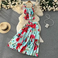 summer vacation two piece set women skirt sexy beach outfits for women 2022 ruffle crop top and long skirt set club party dress