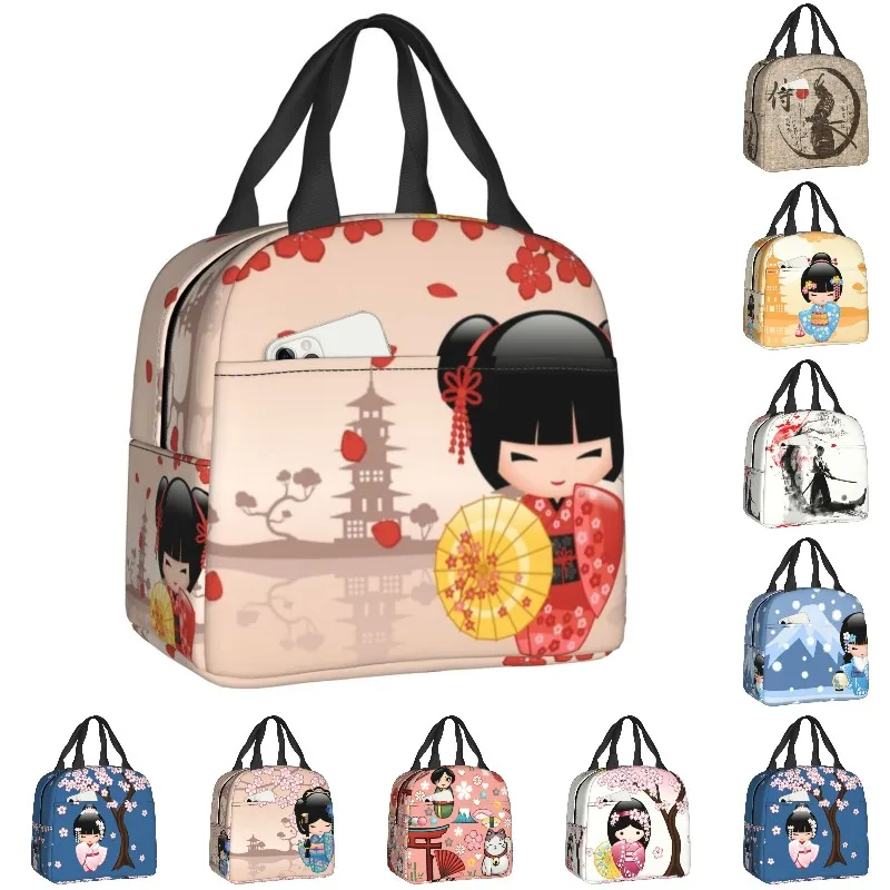 Japanese Red Sakura Kokeshi Doll Insulated Lunch Bag for Women Resuable Cute Girly Cherry Blossom Thermal Cooler Lunch Box