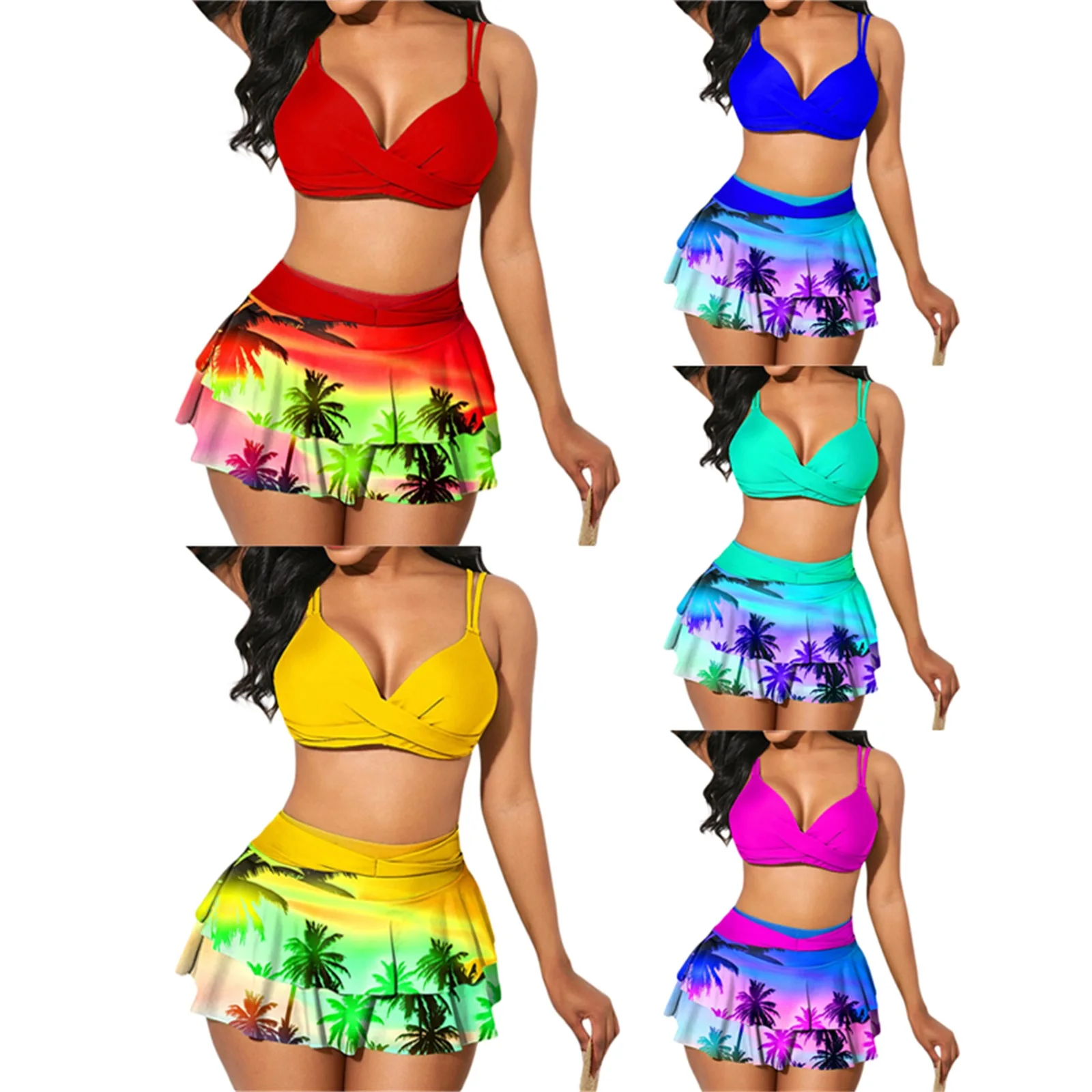 

Womens 2Pcs Swimsuit Set Color Patchwork Wrap Bikini Push Up V Neck Tops + Ruffle Skirt Bottom Set Swimwear