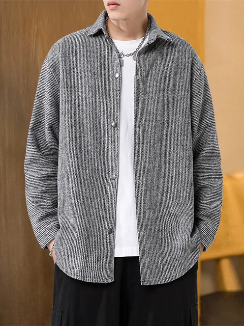 

T2615 Loose simple casual long-sleeved shirt Hong Kong style solid color trend versatile student coat man