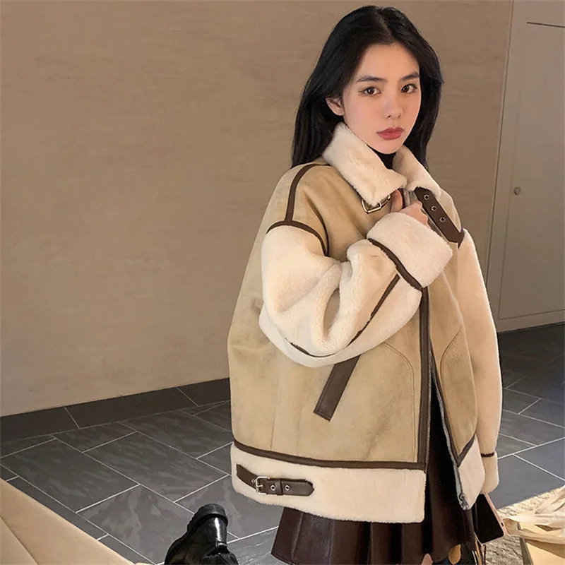 MOLAN Woman Warm Overcoat Winter Fashion New Leather Patchwork Loose Long Sleeve Locomotive Coat Zipper Female Chic Outwear Top