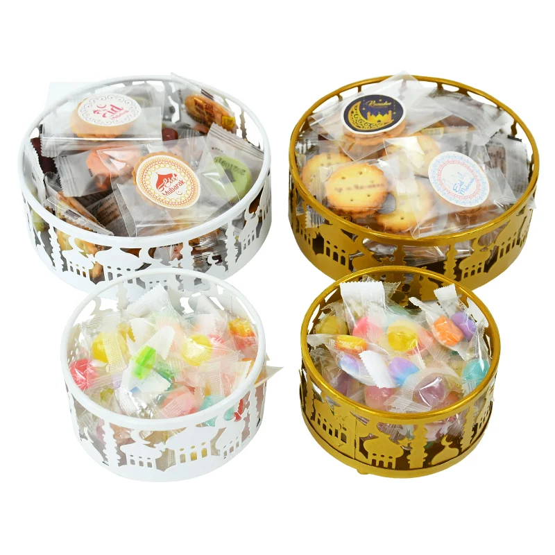 3pcs Eid Metal Storage Tray Ramadan Round White Gold Candy Snack Biscuit Muslim Islamic Party Decoration Supplies |