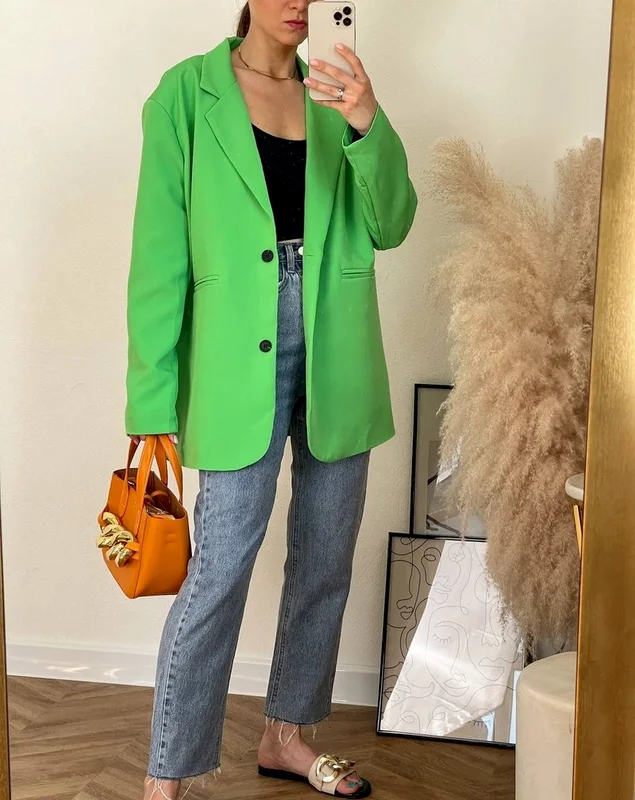 2021 Chic Loose Light Pink Women Blazer Spring Summer Single Buttons Female Oversized Suit Green Jacket Full Sleeve Outwear
