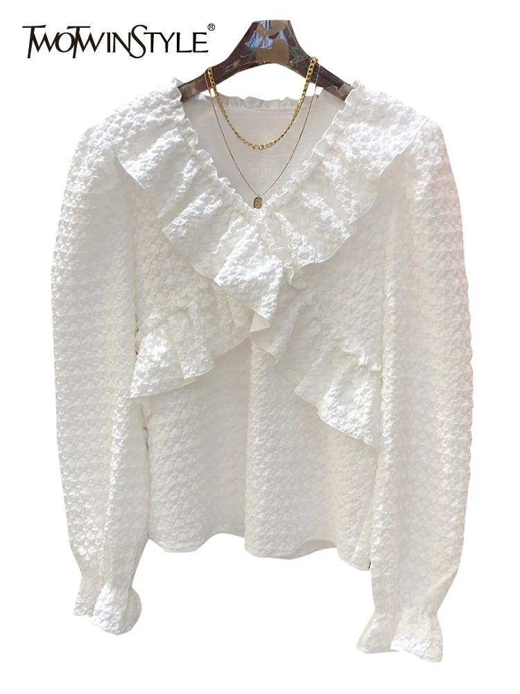 

Женская блузка twotwin2, белая Свободная блузка с v-образным вырезом и пышными рукавами, в стиле пэчворк, с оборками