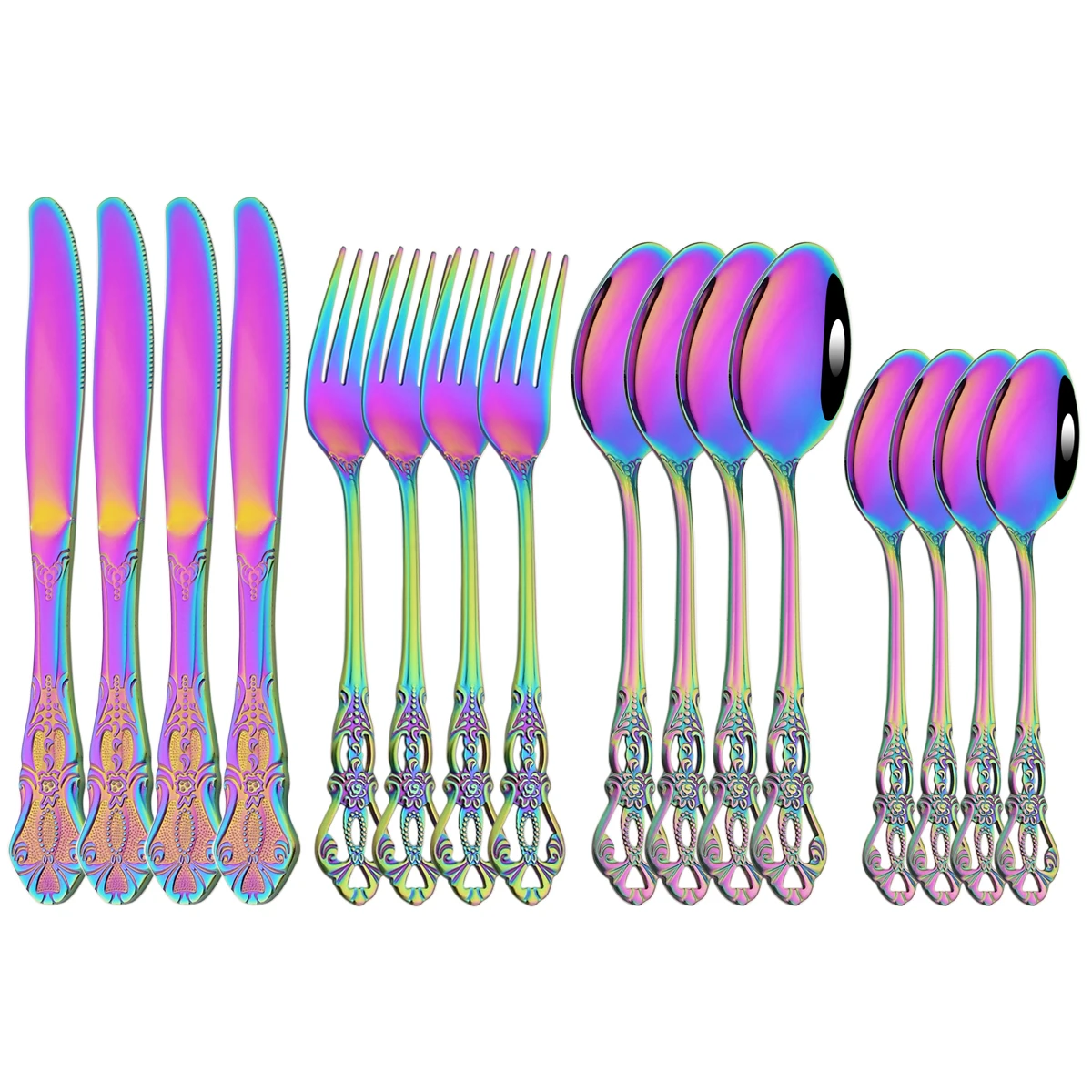 

16Pcs Stainless Steel Cutlery Set Colorful Vintage Dinnerware Set Knives Fork Dessert Spoons Tableware Western Kitchen Flatware