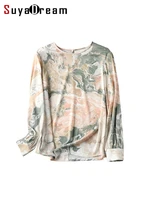 suyadream women elegant silk blouses 91silk 9spandex art printed long sleeved o neck shirts 2022 spring summer top
