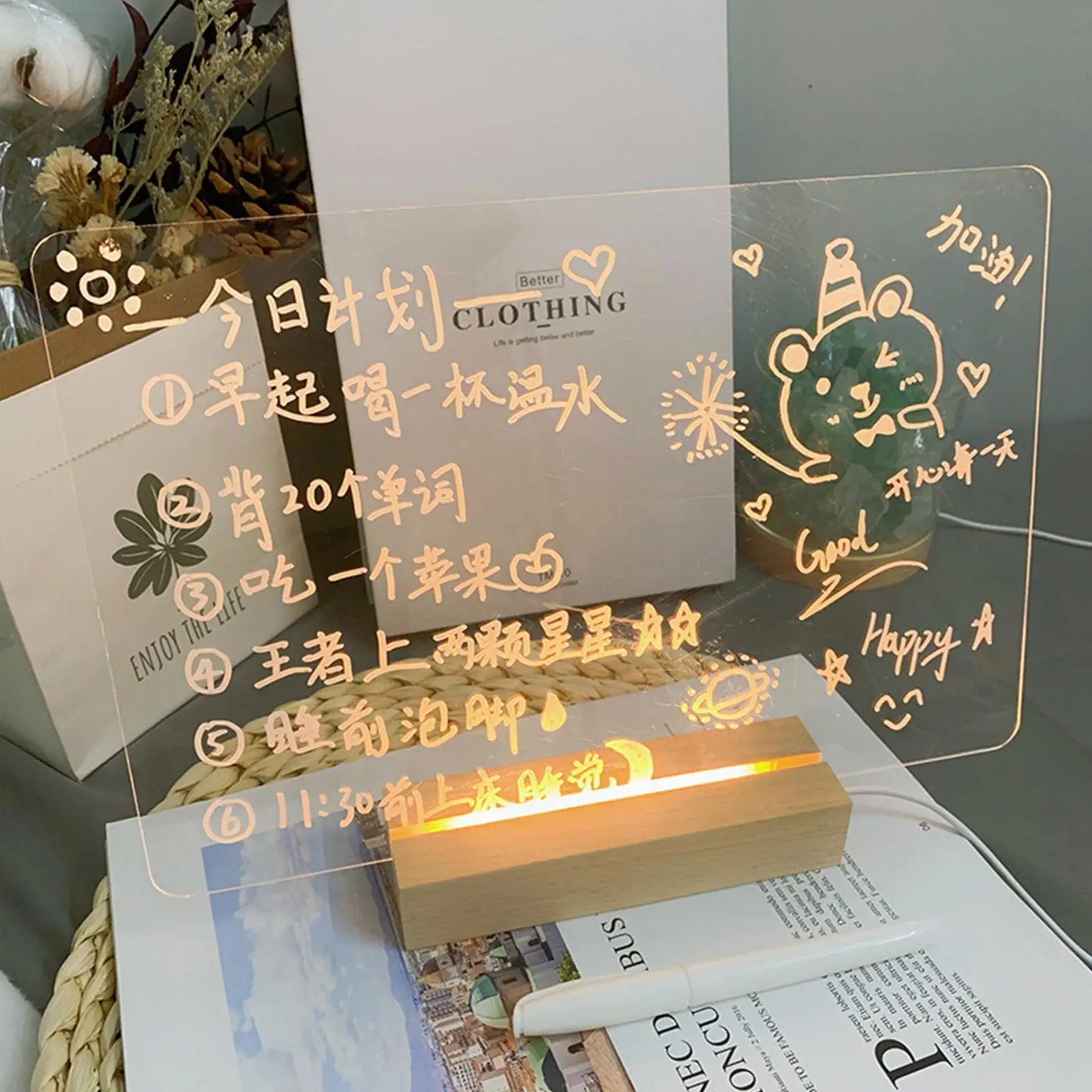 

Note Message Board Night Light Writing Glow Memo Acrylic Board Decor Room Photo Led Holder Moments Daily Wood Lights Gift L G8G8