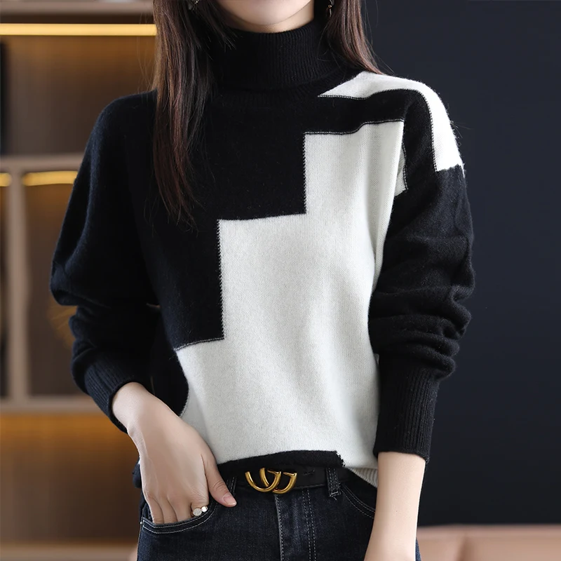 

Зимние женские свитера, Женский пуловер с длинным рукавом, Повседневная водолазка в стиле пэчворк, Вязаный топ из 100%-ной шерсти, джемпер, оде...
