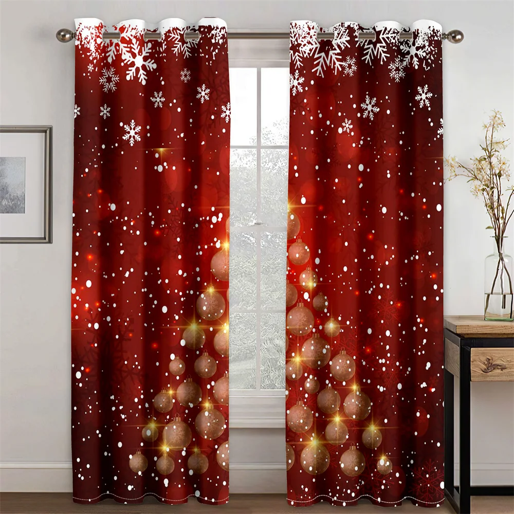 

Happy New Year Christmas Santa Claus Red Gold Snow 2 Pieces Thin Shading Window Curtains for Living Room Bedroom Home Decor Hook