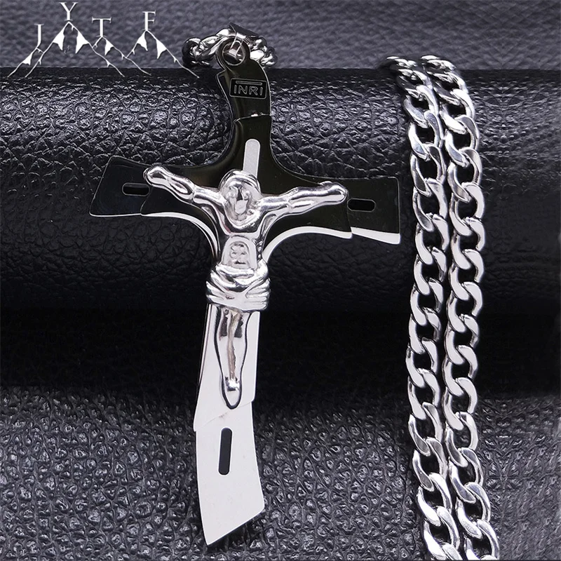 

Punk Jesus Cross Pendant Long Necklace Men Silver Color Stainless Steel Catholicism Crucifix Necklaces Hip Hop Jewelry N2008S05