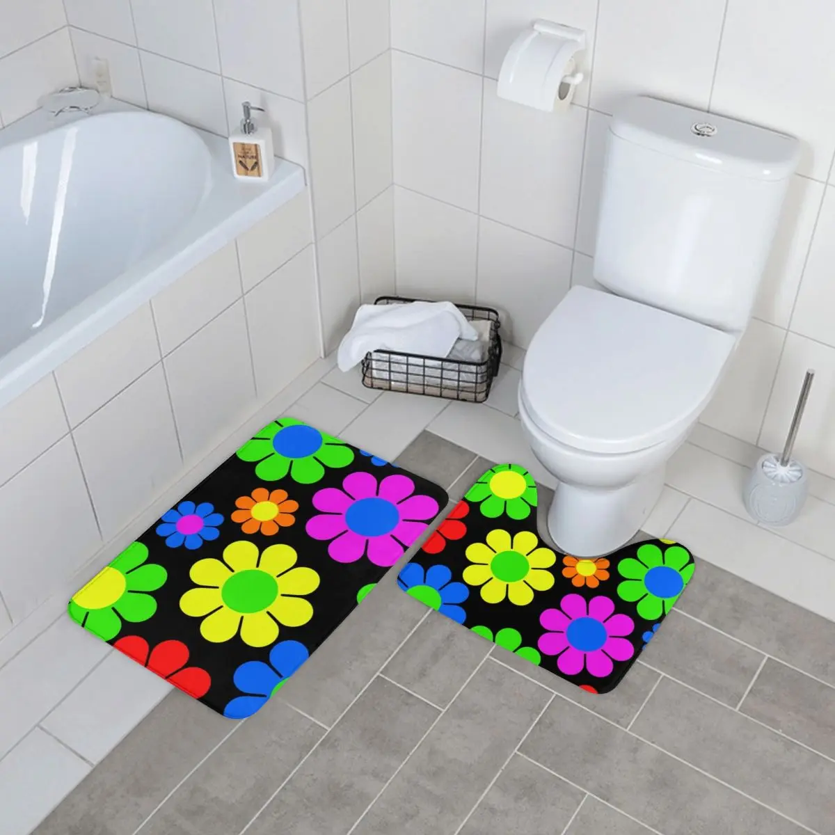 

Hippy Flower Power Bath Mat Daisy Spring Pattern Polyester Foot 2pcs Bathroom Mat Set Absorbent Modern Bathroom Rug