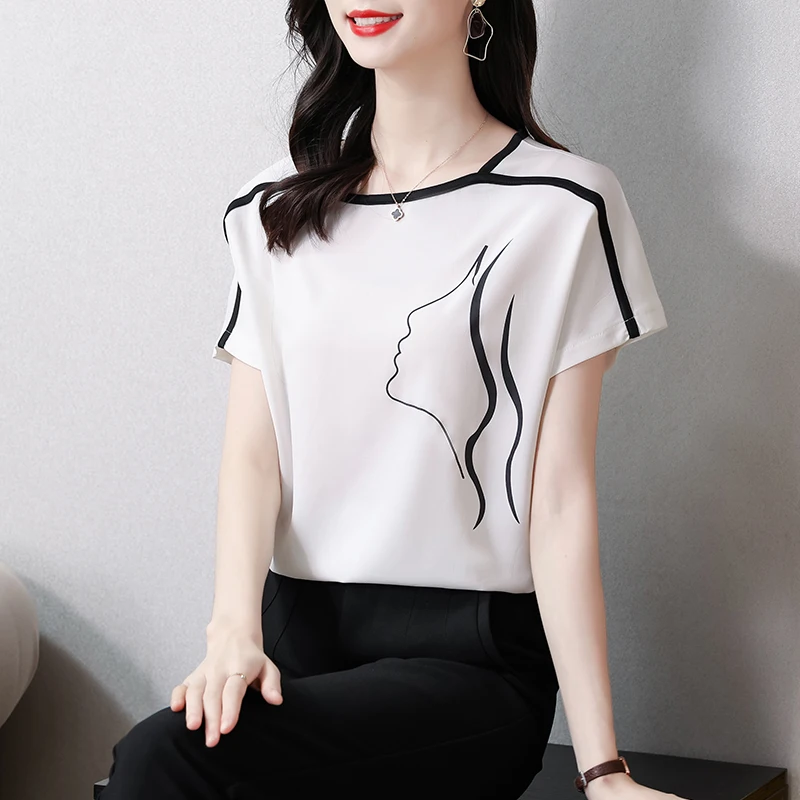 

Футболка женская атласная с коротким рукавом, модный винтажный топ свободного покроя в Корейском стиле, Офисная рубашка, белый цвет, на лето
