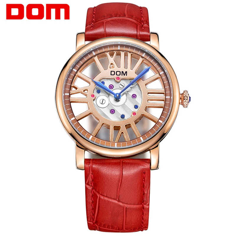 DOM luxury brand watches waterproof style leather gold skeleton quartz watch women G-1031