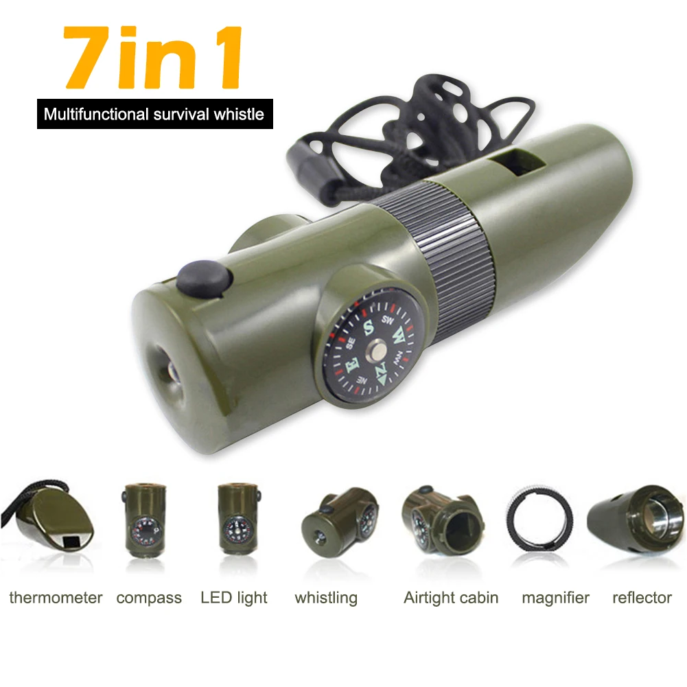 

7 in 1 Compass Survival Whistle Multifunctional Thermometer Compass Whistle Magnifier Flashlight Storage Container Outdoor Tools