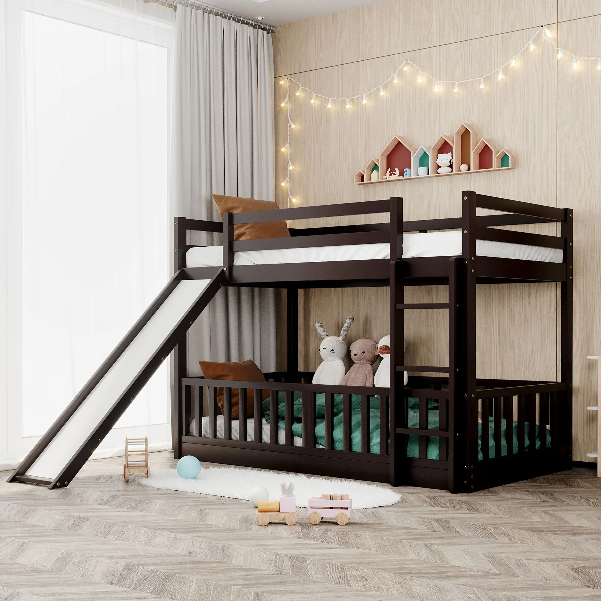 

Twin Over Twin Bunk Bed with Slide and Ladder, Espresso