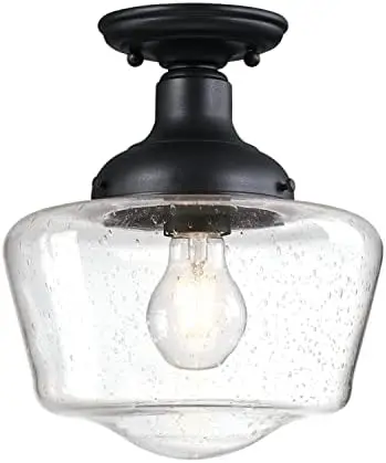 

Scholar 9 inch Vintage One-Light Semi-Flush Mount Outdoor Ceiling Light Fixture Textured Black Finish, White Opal Glass Mushroom