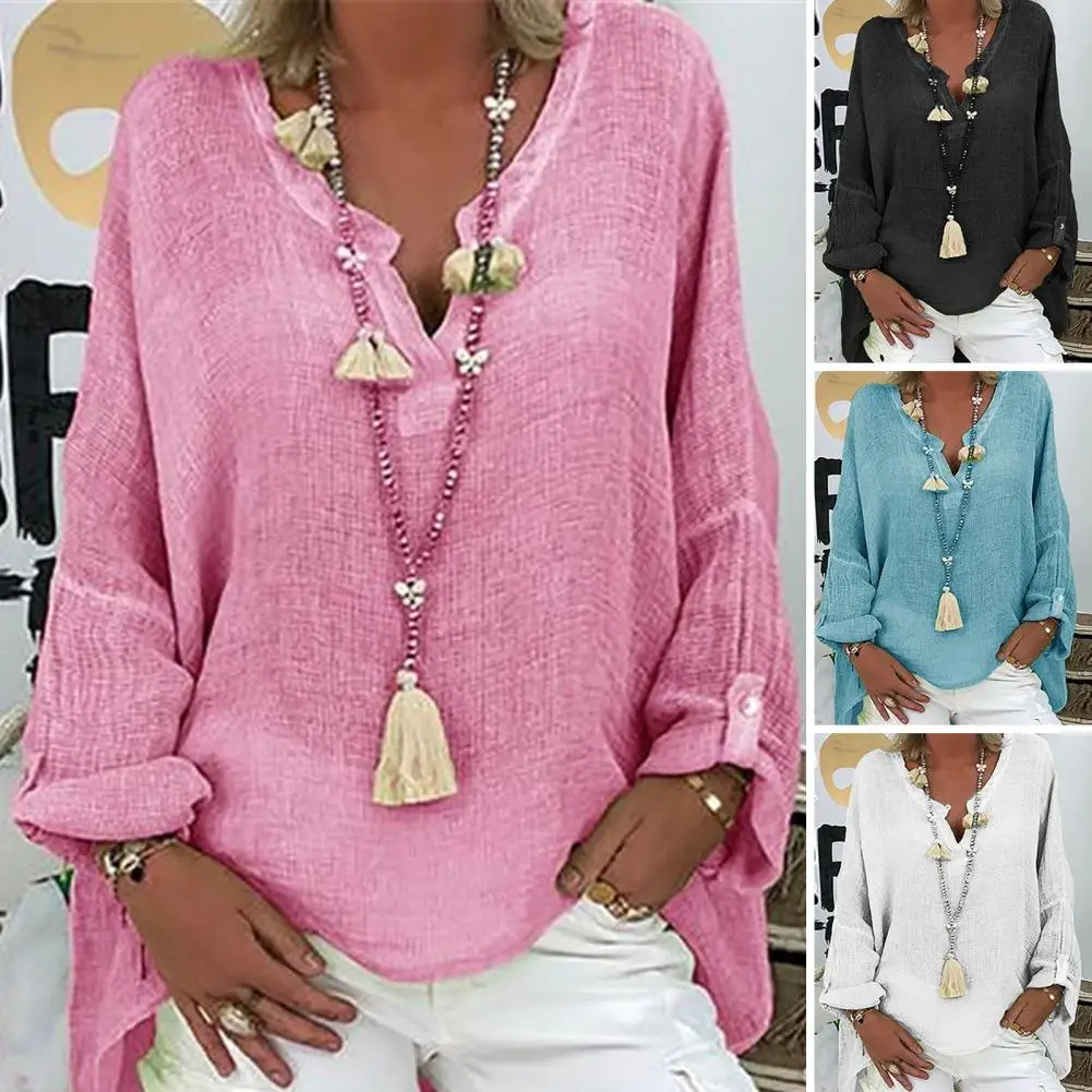 

Mid-length Tops Chic Comfy Women's V-neck Pullover Tops Loose Fit Mid-length Solid Colors for Casual Streetwear Lightweight