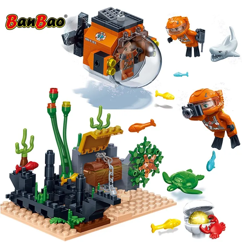 

BanBao Ideas Ocean Adventure Deep Sea Submarine Ship Coral Reef Treasure Scenes With Shark Turtle Animals Building Blocks Toys