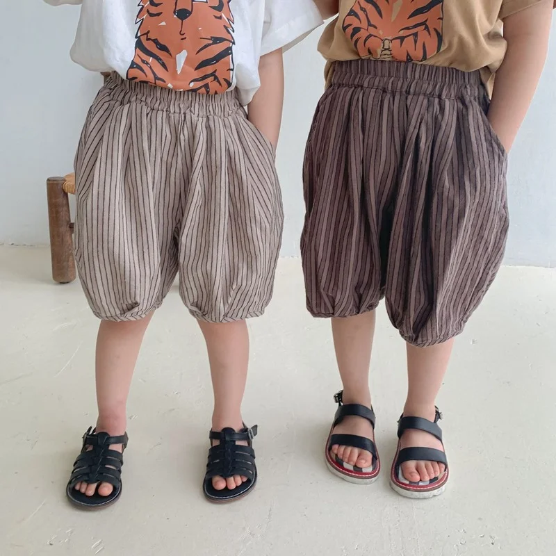 

Летние тонкие брюки до колен в Вертикальную Полоску в стиле унисекс, хлопковые крутые брюки средней длины для мальчиков и девочек