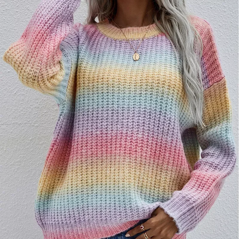 

New2022 Striped Knitwear Sweater Crew Neck Casual Women Pullovers Sweaters Female Long Sleeve Colourful Jumper Top Winter New