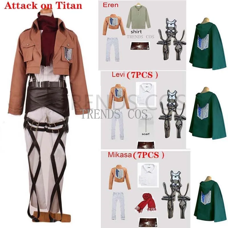 

Male/Female AOT Attack on Titan Mikasa Eren Jaeger Levi Ackerman Hange Zoe Cosplay Costume Full Set Shirt Pant Cape Scarf Wig