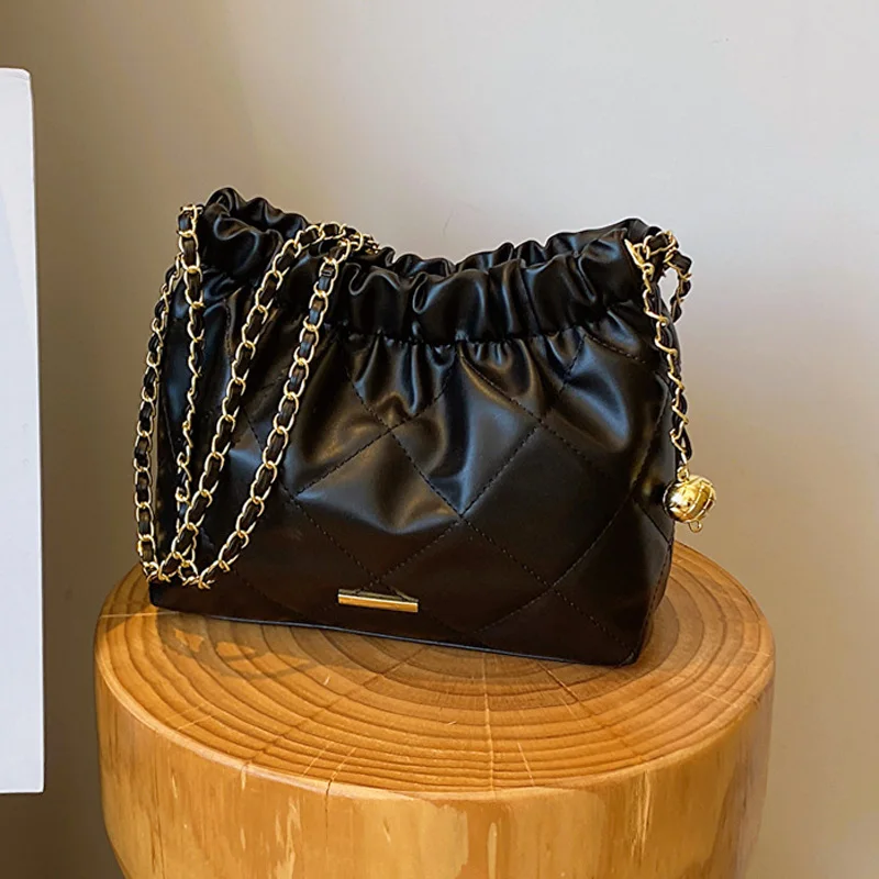 

2023 New Design Bucket Crossbody Bags For Women Solid Plaid PU String Shoulder Bag Ladies Handbags