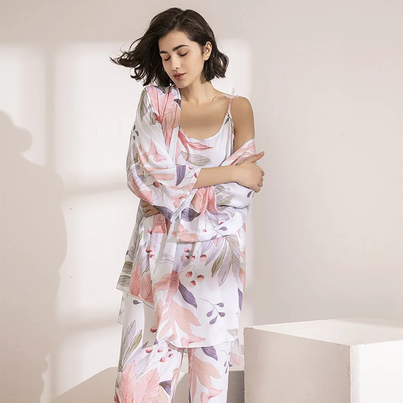 

HOT SELLING 3Pcs Soft Pajama Set Ladies Sleepwear Floral Printed Pink Leaves Cardigan Camisole Pants Homewear PJ Suit