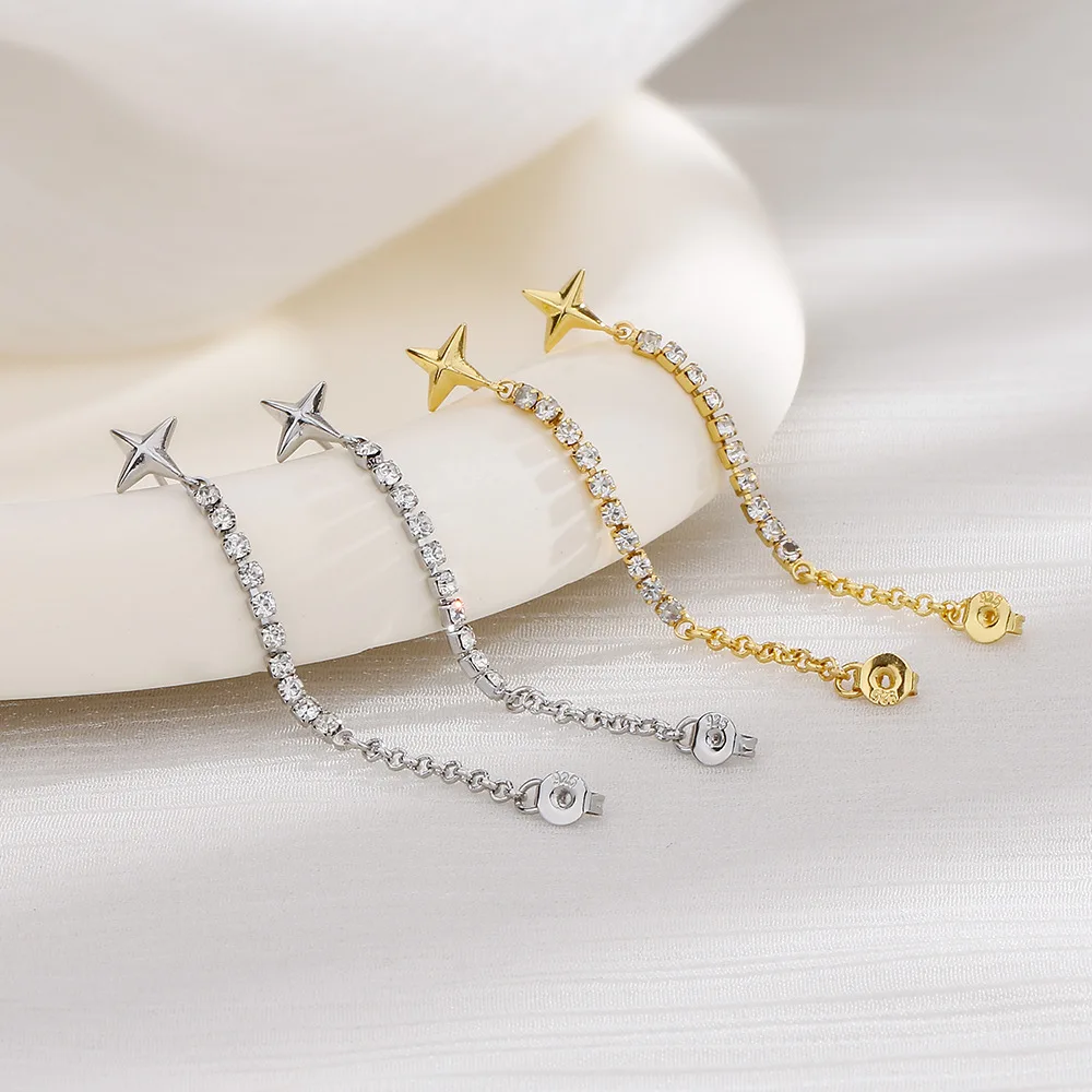 

PANJBJ 1PC Silver Gold Color Zircon for Women Girl Birthday Gift Cross Stars Tassels Fashion Jewelry Dropshipping Wholesale