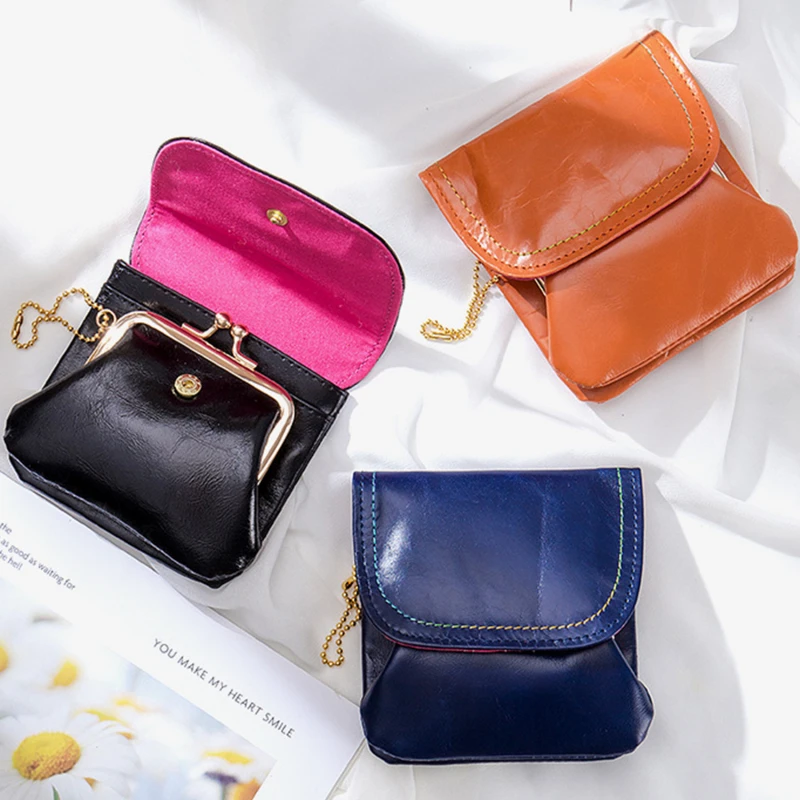 

Leather Purse Women Change Purse Metal Hasp Closure Card Holder Wallet Exquisite Vintage Kiss Buckle Small Clutch Bag