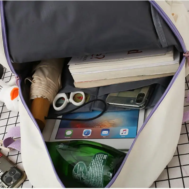 4 Pcs/set Women Solid Color Backpack Canvas Schoolbags for Teenage Girls Kids Primary School Bag College Student Laptop Backpack