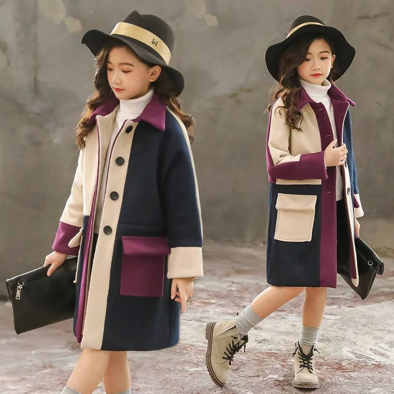

2022 Winter Girls Warm Woolen Jacket New Contrasting Colors Woolen Coat Lapel Thicken Jacket Girl Long Overcoat Cotton Outerwear