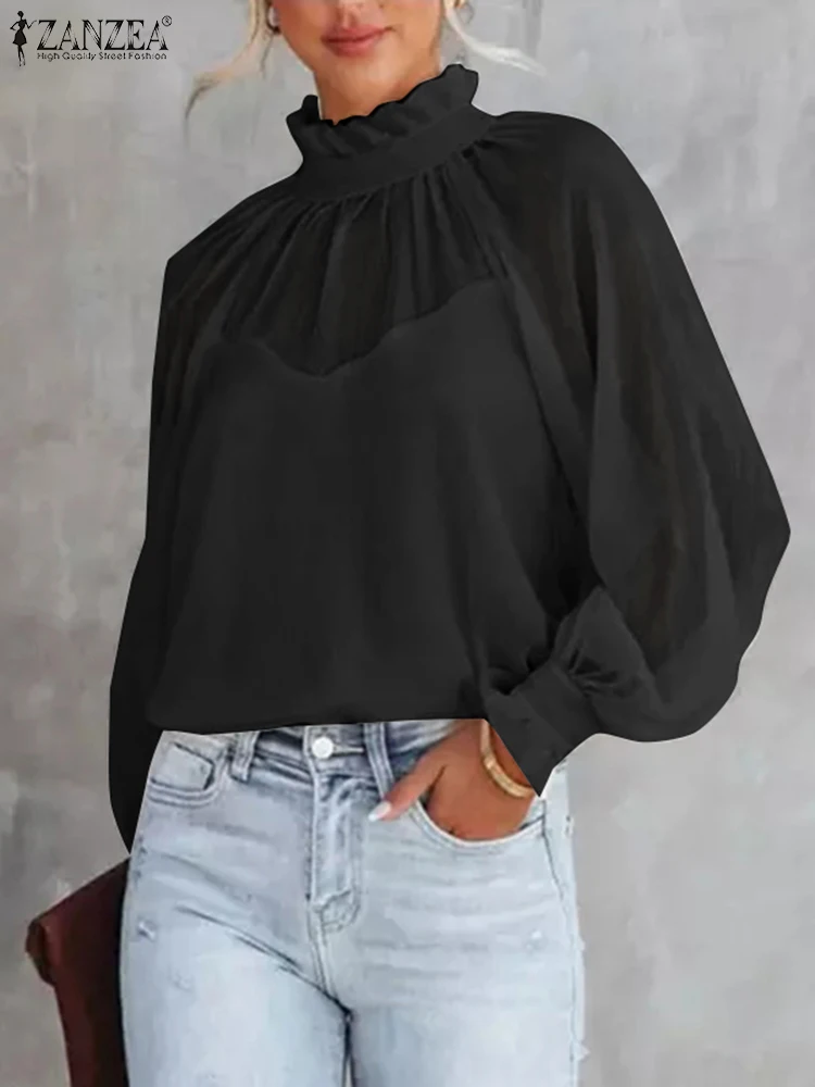 

Офисные женские топы ZANZEA, туника оверсайз, женская шифоновая блузка с длинным рукавом, рубашка 2023, весенний Модный повседневный Однотонный пуловер с воротником-стойкой
