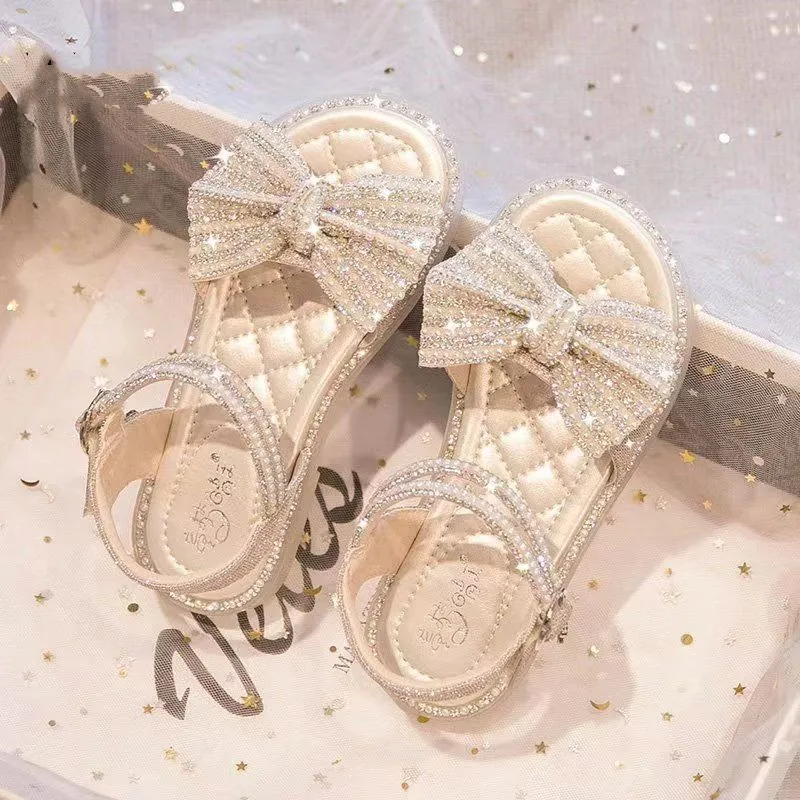 Girls' Sandals New Summer Bowknot Rhinestone Princess Sandals 2023 Toddler Soft Sole Comfortable Versatile Crystal Sandals