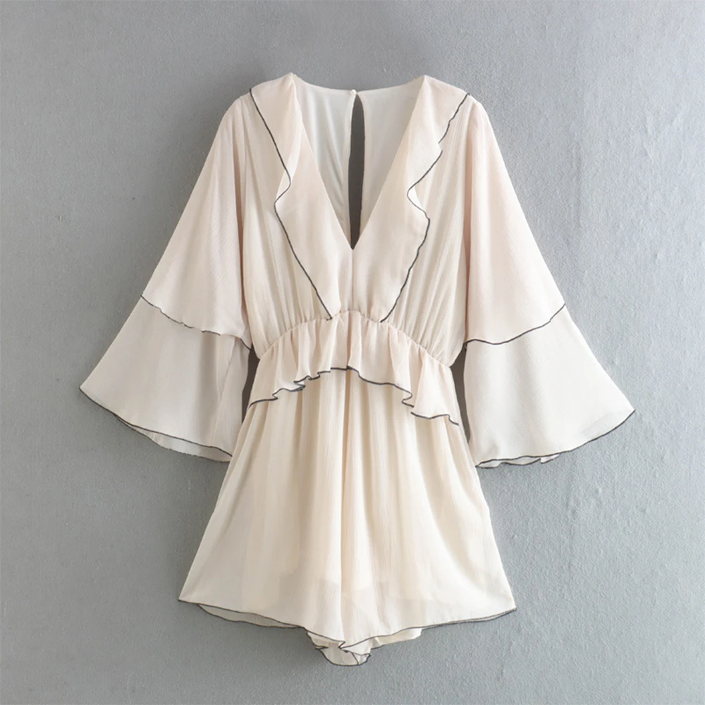 

2022 new V-neck back cutout ruffled waist-length playsuit