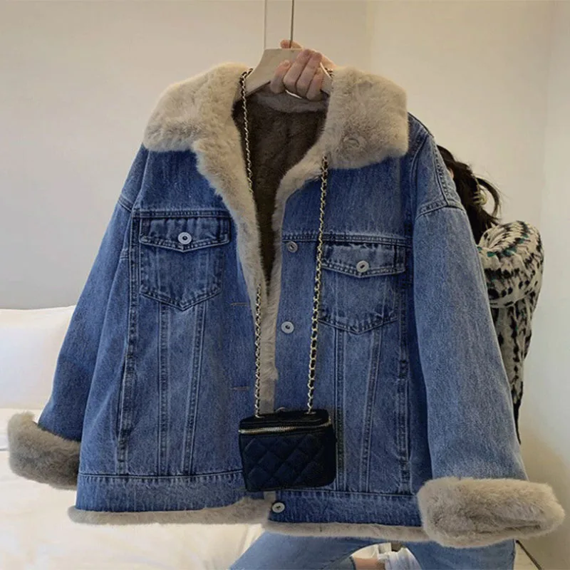 

2023 New Winter Fleece Denim Jacket Woman Korean Style Thicken Warm Lamb Wool Overcoat BF Streetwear Casual Plush Coats