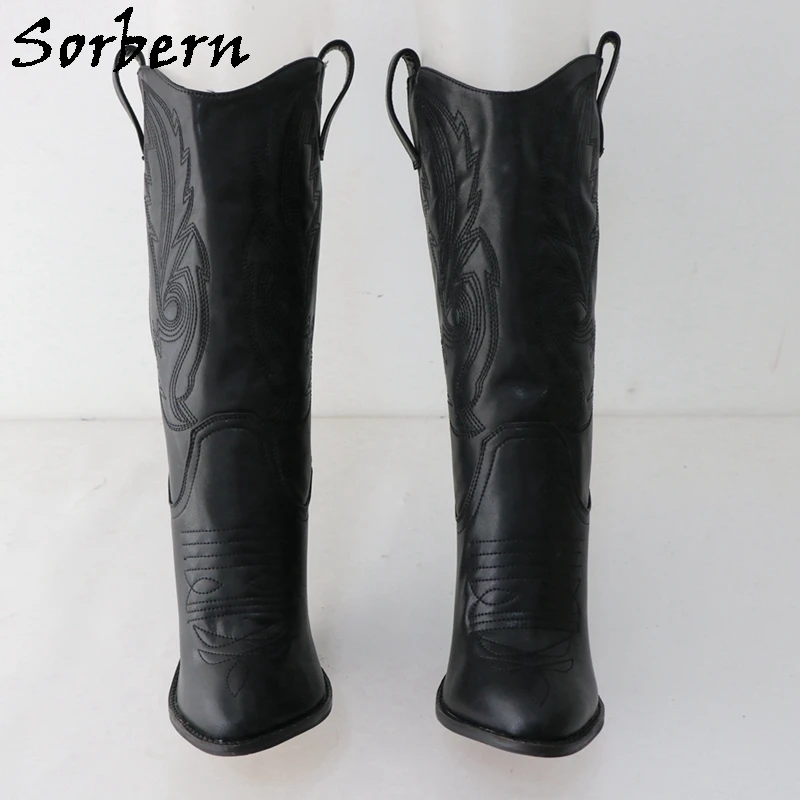 Sorbern Genuine Leather Embroider Ankle Boots Unisex Cowboy Boots Block Heel Pointy Toes Black Matt Retro Style Custom Booties