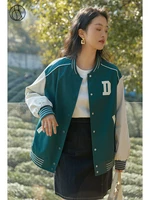dushu slightly fat lady embroidered casual baseball jersey retro dark green contrast design stand collar 2022 spring jacket
